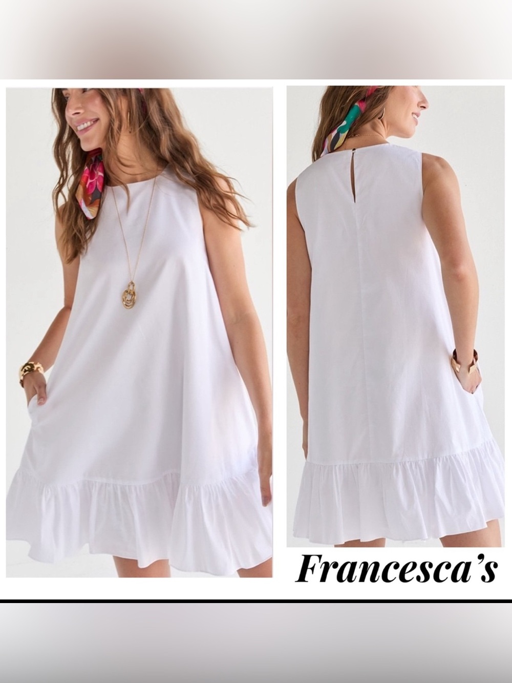 Francesca’s Miami White Trapeze Sleeveless Ruffle-Hem Mini Dress size M